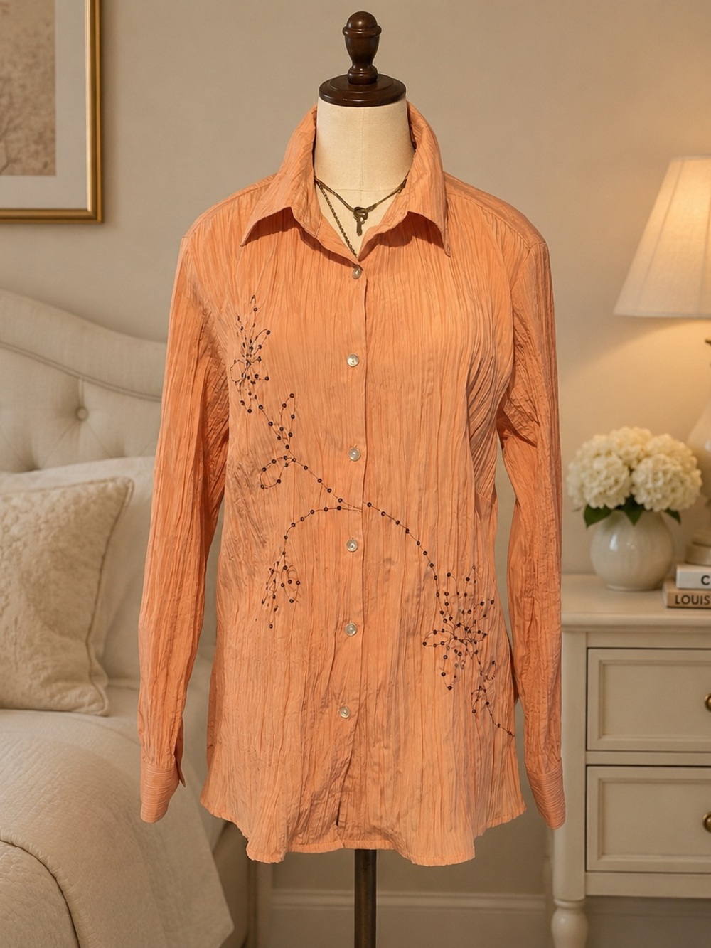 Unique Spectrum 1X Coral Peach Embellished Crinkle Button Down Blouse